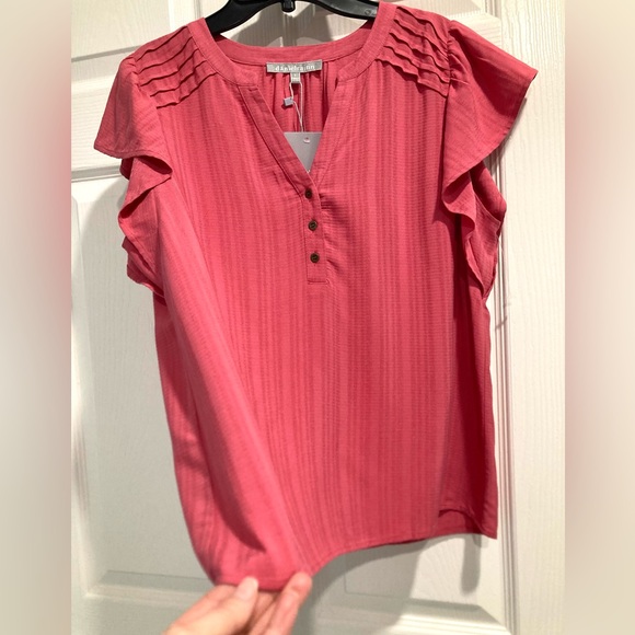 NWT Daniel Rainn Women Blouse Size Small Salmon Pink V-Neck Short Ruffle Sleeve - Picture 2 of 10